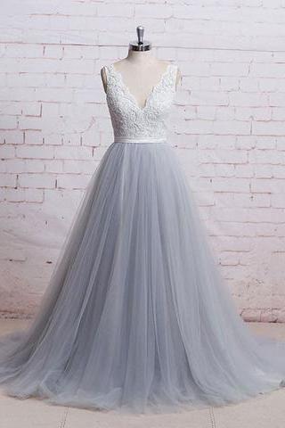Gray Tulle A-line White Lace Top Long Prom Dress, Pd6952