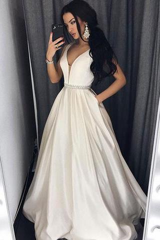 White Satin V-neck Beaded Belt Long Prom Dress, Pd3105