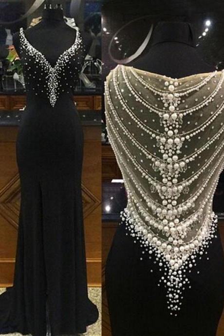2017 Formal Black Beaded Side Slit Long Prom Dress, Pd3820