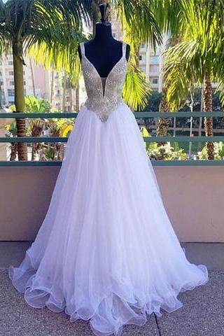 A-line Spaghetti Straps White Tulle Beaded Long Prom Dress, Pd3823