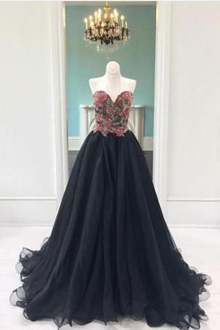 Sweetheart A-line Black Tulle Long Prom Dress, Pd3826