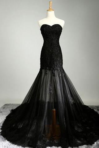 Strapless Black Lace Mermaid Long Prom Dress, Pd3830