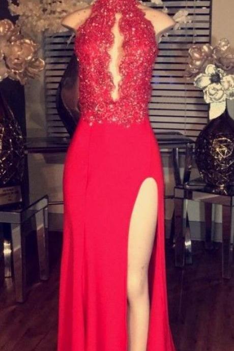 Unique Sexy Side Slit Red Mermaid High Neck Long Prom Dress, Pd3839