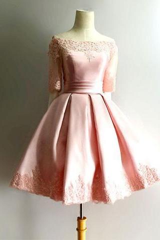 Off Shoulder A-line Long Sleeves Pink Short Homecoming Prom Dress, Pd3840