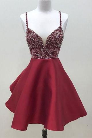 Burgundy Beaded A-line Short Homecoming Prom Dress, Pd3845