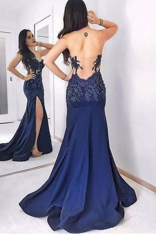 Backless Strapless Navy Blue Long Side Slit Backless Prom Dress, Pd1545