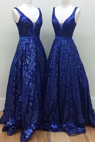 2017 Charming Royal Blue Lace V-neck A-line Long Prom Dress, Pd5137