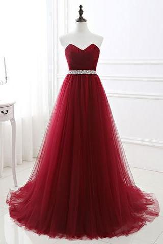 Charming Burgundy Tulle Sweetheart A-line Long Prom Dress, Pd5143