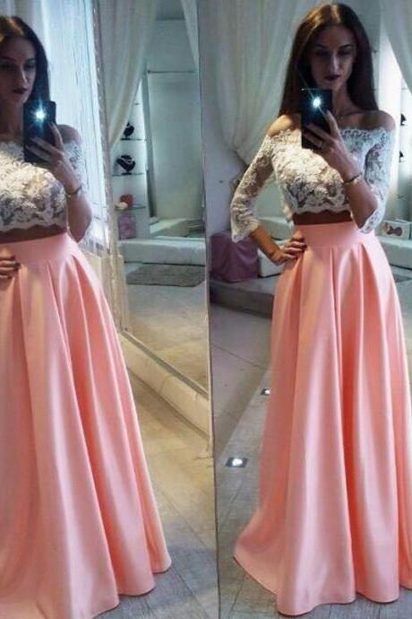 Elegant Lace Two Pieces Formal Dress A-line Off The Shoulder Pink Prom Dress, Pd2504