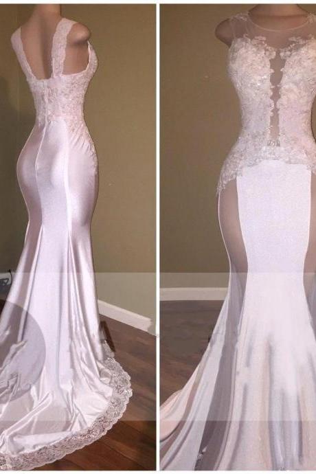 Sexy Mermaid Appliques Sheer Evening Gown White Beading Lace Glossy Prom Dresses,pd3007