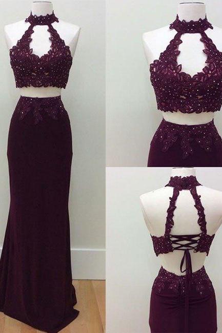 Keyhole High Neck Formal Dress Lace-up Sheath Lace Beading Two Piece Prom Dresses,pd3016
