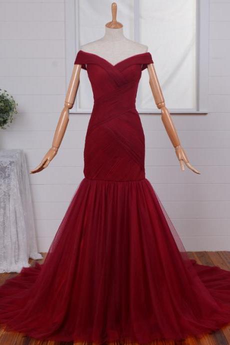 Ruched Mermaid Long Red Formal Evening Gown Off-the-shoulder Tulle Prom Dresses,pd3021
