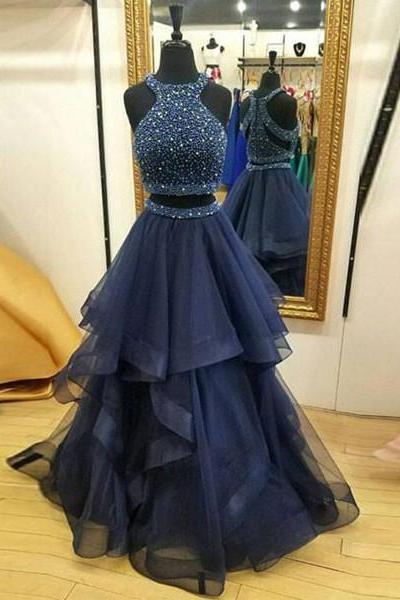 Charming A-line Two Pieces Navy Blue Beaded Top Long Prom Dresses,pd3576