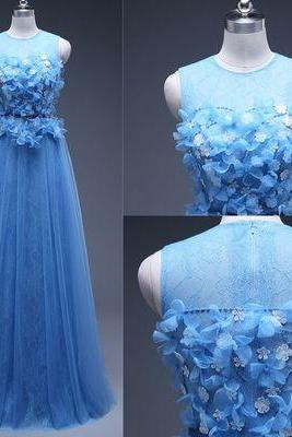 Charming Appliques Blue Tulle Long Prom Dresses,pd3578