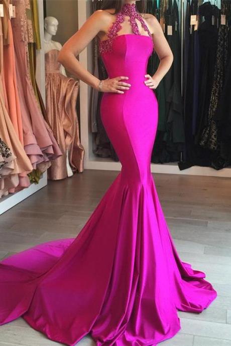 Sleeveless High Neck Evening Gown Mermaid Sweep-train Lace-appliques Modest Prom Dress,pd0407