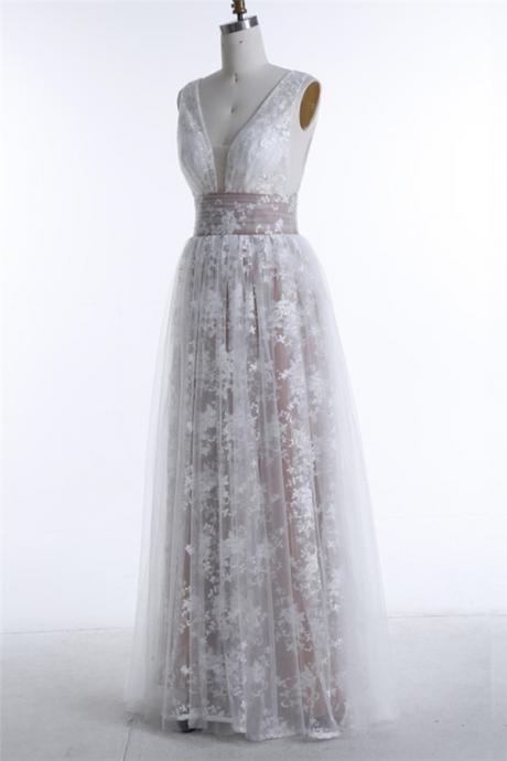 Elegant Sleeveless Formal Dress Deep V-neck Lace Tulle Prom Dress,pd0409