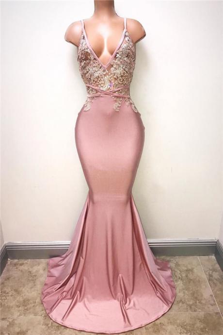V-neck Pink Evening Dress Straps Beads Appliques Mermaid Sexy Prom Dress,pd0502