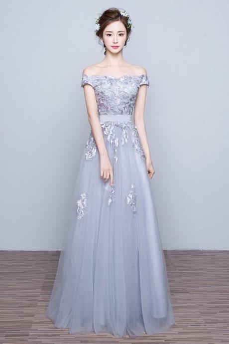 Floor-length Lace-appliques A-line Off-the-shoulder Lace-up-back Prom Dresses,pd0511