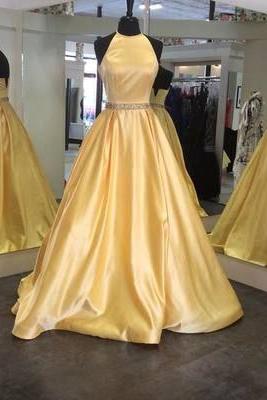 2017 Formal A-line Long Halter Satin Yellow Prom Dress, Pd14203