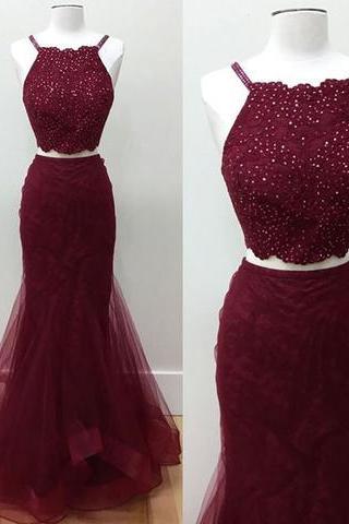 Formal Dark Burgundy Tulle Two Pieces Beaded Mermaid Prom Dress, Pd14205