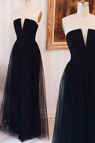 Simple Strapless Black Tulle Long Prom Dress, Pd14210