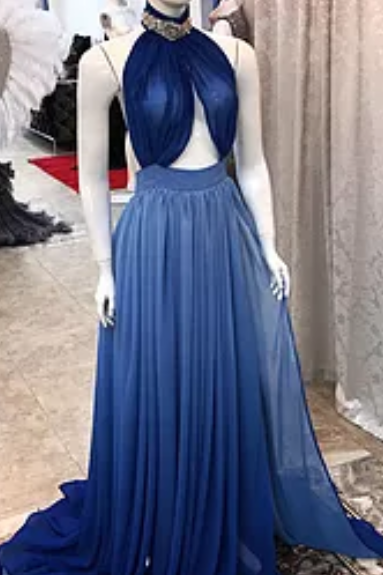 High Neck Formal Blue Chiffon Backless Long Prom Dress, Pd14222