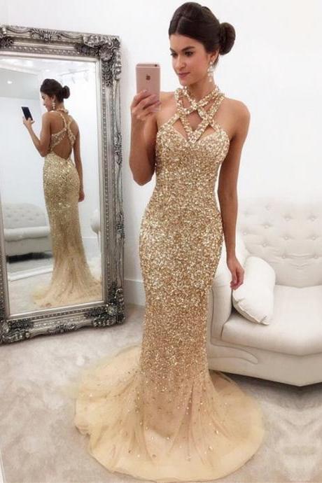 Gorgeous Sleeveless Zipper-Back Halter Mermaid Crystals Prom Dress,PD0607