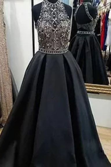 Beaded A-line Long Black Satin Open Back Prom Dress, Pd14228