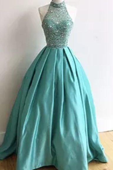 Formal Blue Beaded Top A-line Princess Long Prom Dress, Pd14229