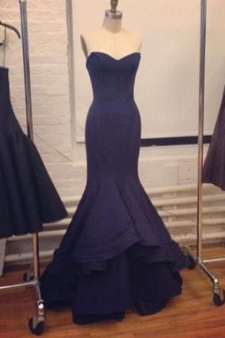 simple formal strapless mermaid navy blue long prom dress, PD14246