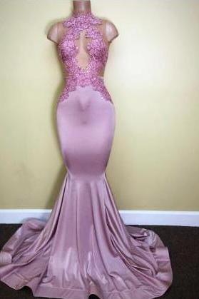 Appliques Mermaid Sleeveless Sweep-train Newest High-neck Prom Dress,pd0809