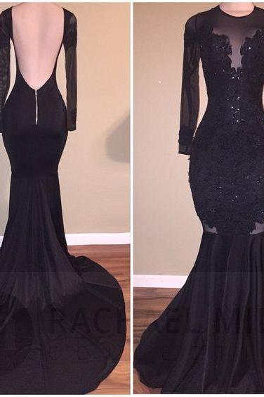 Sexy Appliques Long Sleeves Black Backless Mermaid Prom Dress,pd0810