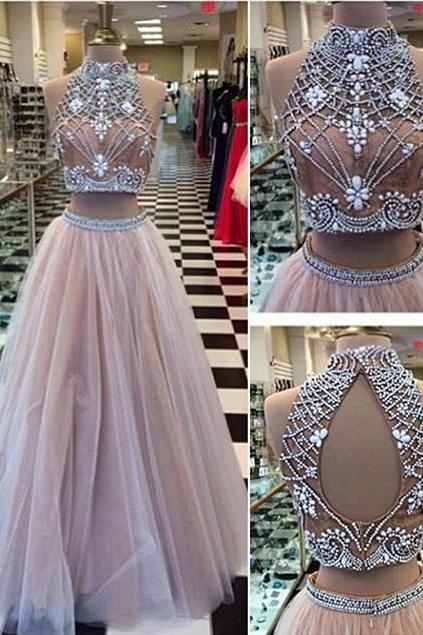 High Collar Two Piece Tulle Evening Dress With Beading A-line Halter Long Prom Dress,pd0811