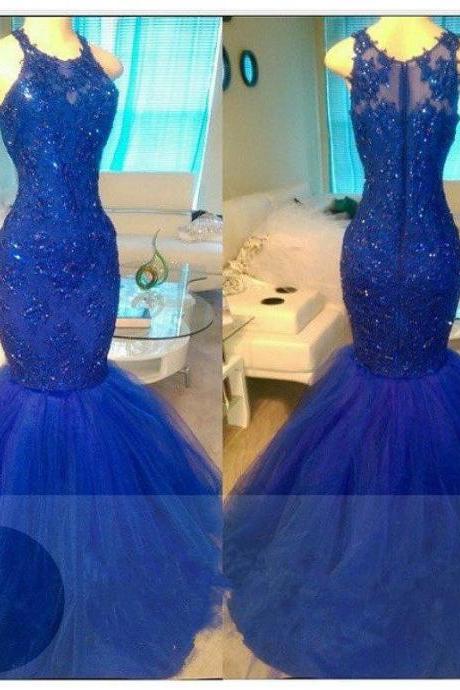 Appliques Mermaid Elegant Royal-blue Sleeveless Beadings Tulle Evening Dresses,pd0817