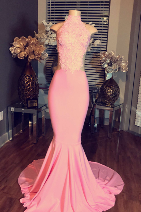 High Neck Long Evening Dress Lace Sleeveless Pink Mermaid Prom Dresses,pd0819