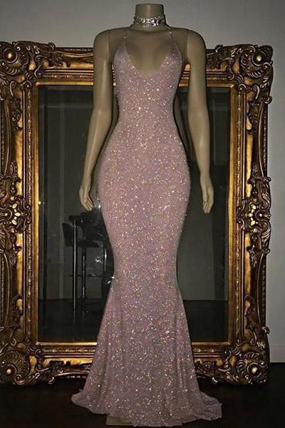 Stunning Rose Pink Sequined Evening Gown Long Spaghetti Strap Mermaid Sleeveless Prom Dress,PD0820