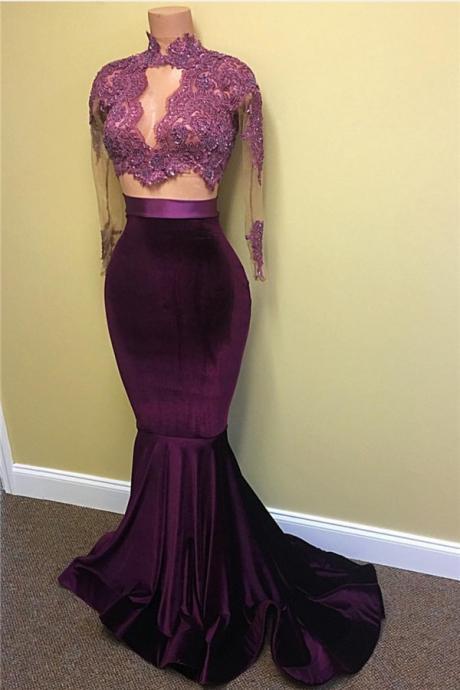 Sexy Velvet Evening Gown High Neck Lace Long Sleeve Prom Dress With Keyhole,pd0823