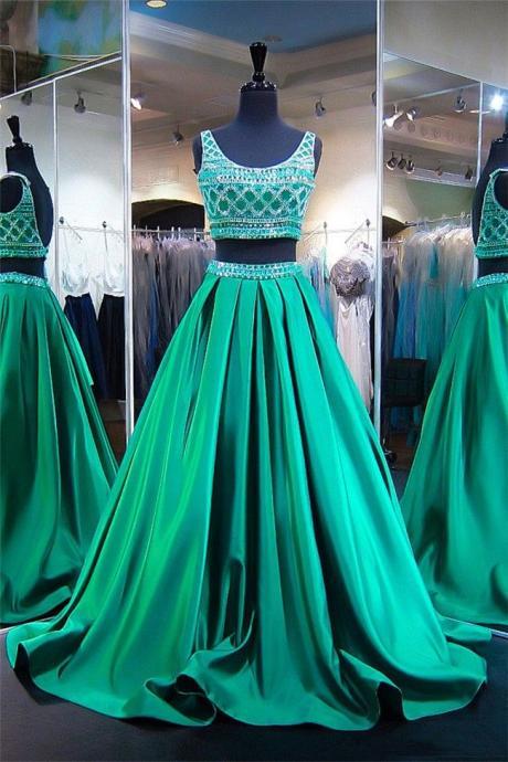 A-line Two Pieces Green Beaded Long Prom Dress, Pd14260