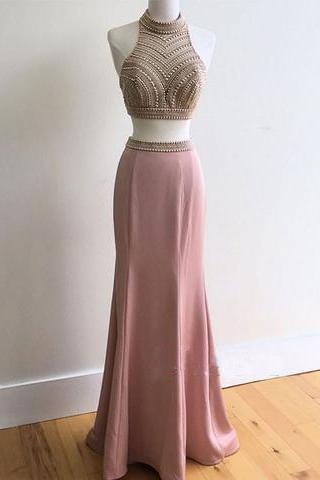 Two Pieces Dusty Rose Beaded Formal Mermaid Long Prom Dress, Pd14265
