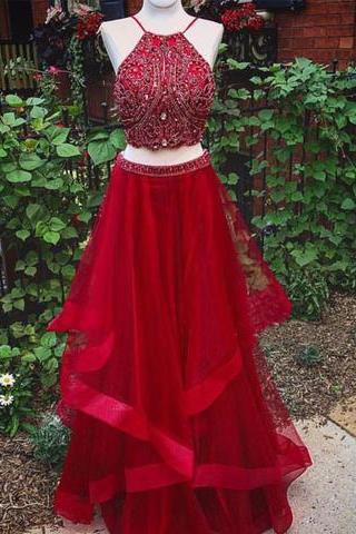 2017 Fluffy Two Pieces A-line Beaded Long Prom Dress, Pd14266