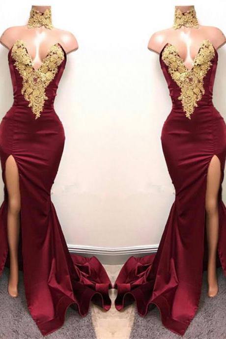 Lace Appliques Mermaid Burgundy Evening Gown Front Split High Neck Sexy Prom Dress, Pd1215