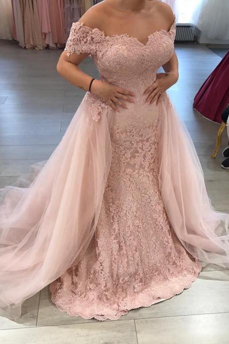 Pink Mermaid Evening Dresses,lace Mermaid Prom Dresses,prom Dresses Removable Skirt, Pd1228