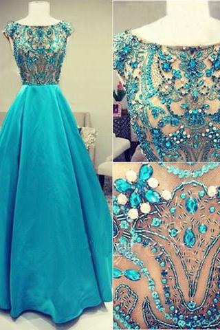 2017 Cap Sleeves A-line Blue Beaded Long Prom Dresses, Pd146968