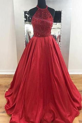 Sparkle Red Beaded Halter Long Prom Dress, 2017 Formal A-line Ball Gown, Pd14788