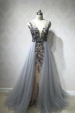 Beaded Grey Tulle V-neck Long Prom Dress, 2017 Formal A-line Evening Dress, Pd14789