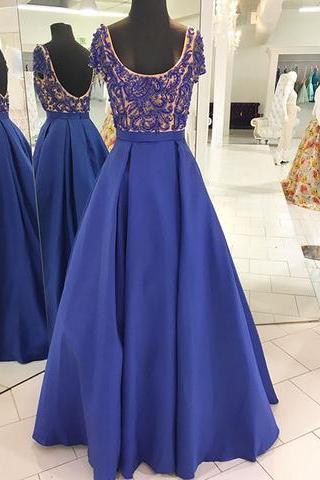 A-line Royal Blue Beaded Short Sleeves Long Prom Dress, 2017 Formal Ball Dress, Pd14986