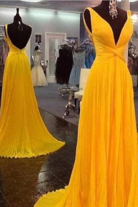 yellow chiffon v-neck long prom dress, 2017 formal evening dress, PD14987