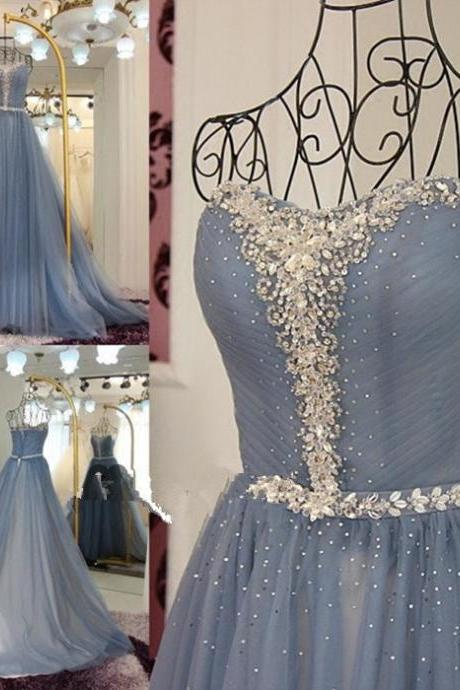 blue tulle strapless beaded A-line ball gown, 2017 formal evening dress, PD14994