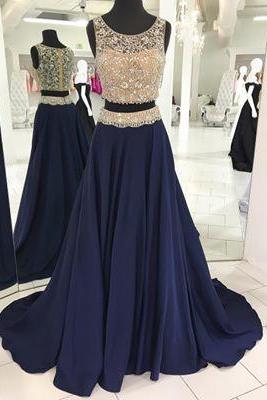 2017 Two Pieces Navy Blue Beaded Long Formal Prom Dress, Pd15000