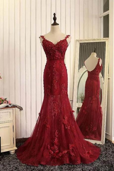 Charming Two Straps Mermaid Red Lace Long Formal Prom Dress, Pd15001